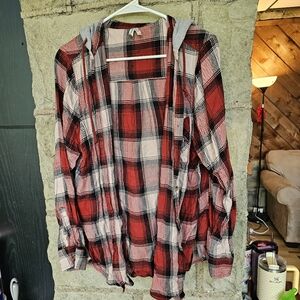 Mudd Red and Black Plaid Women's Button Down Shirt with Hood